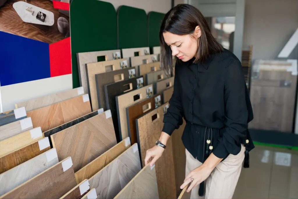 young woman choosing materials for home renovation 2024 11 29 18 46 13 utc